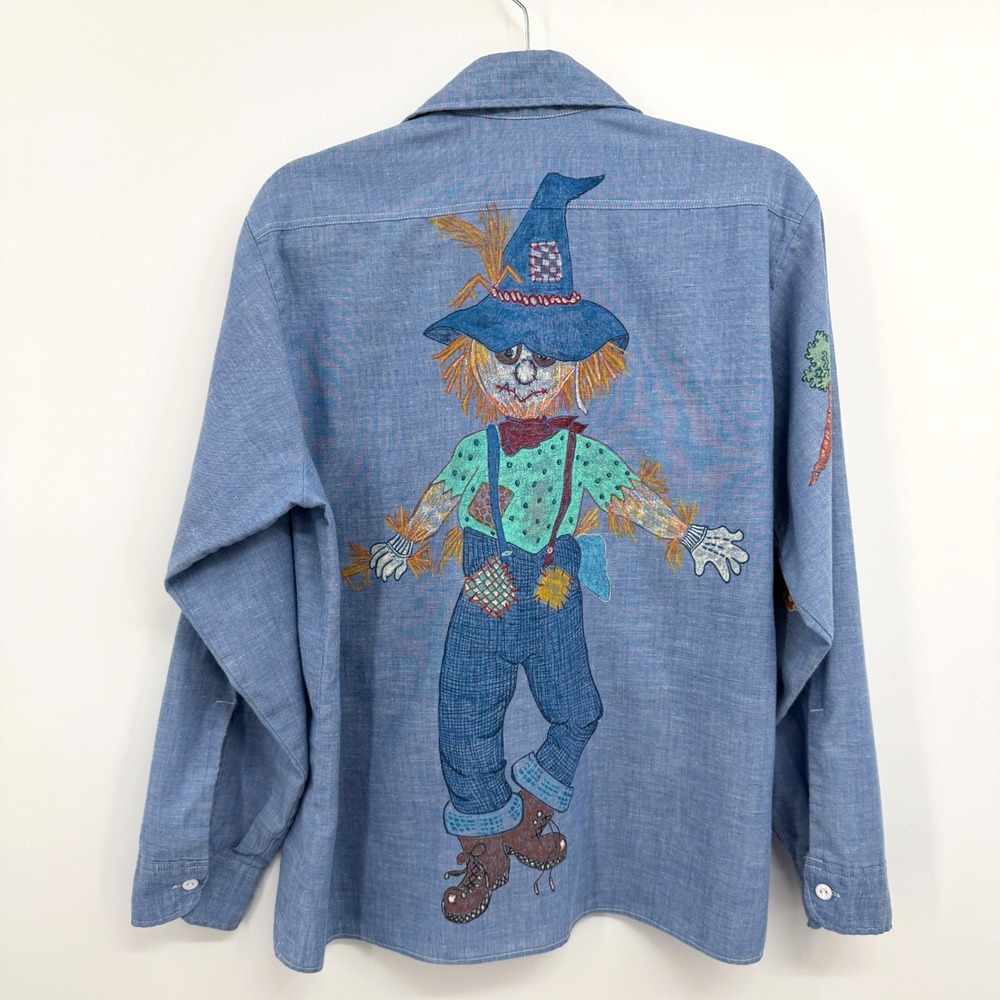 Vintage 70s Hand Painted Top Shirt M L Chambray Scarecrow Farm Cow Folk Art USA